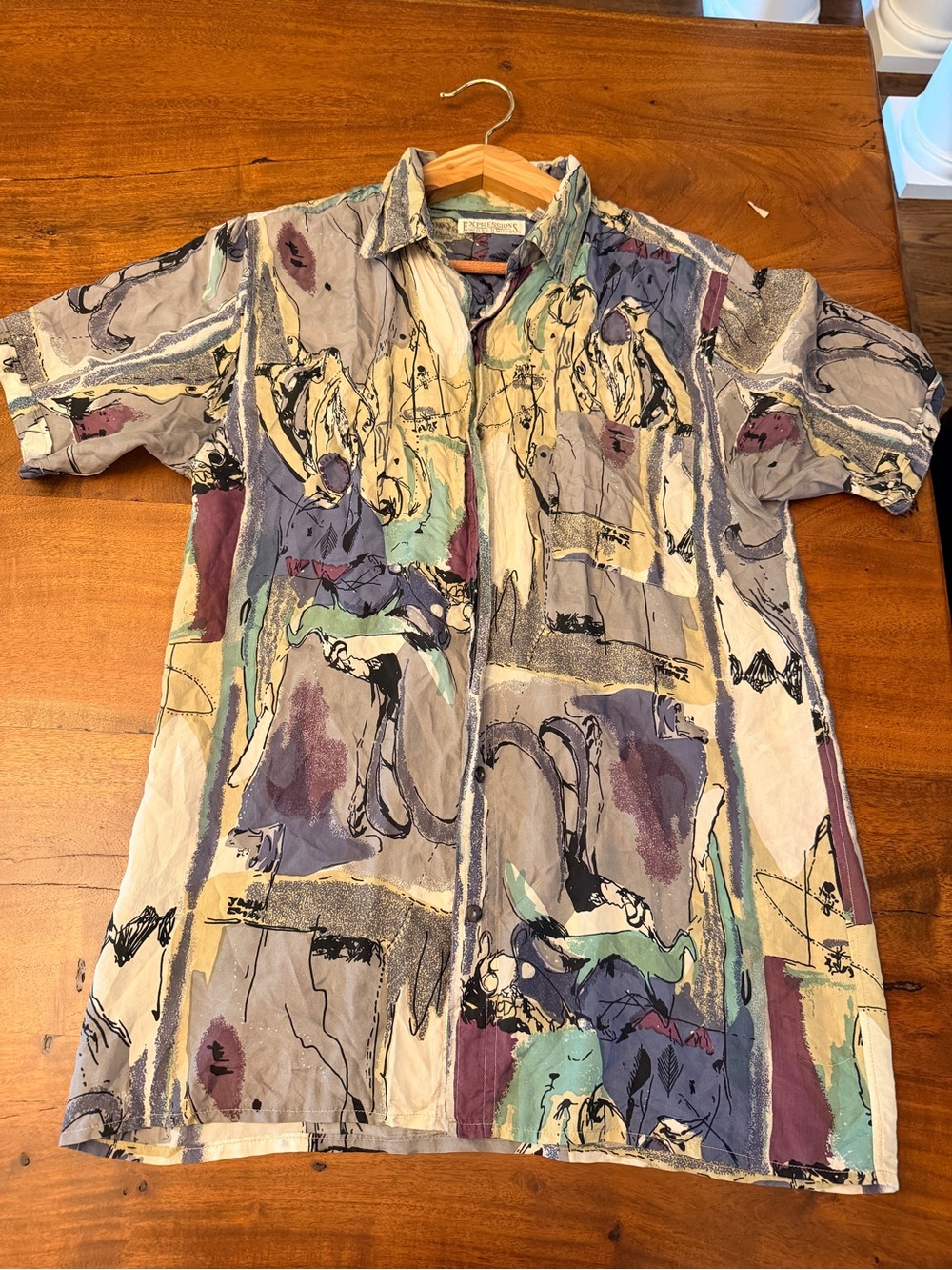 Men's Silk Short-Sleeve Abstract Print Button-Up Shirt - Taupe/Purple